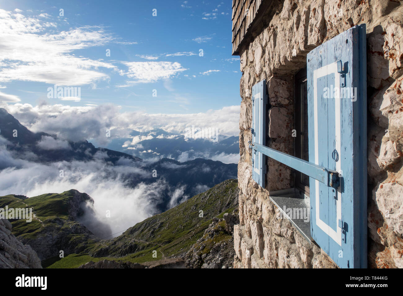 window of the meiler hut in the alps Stock Photo