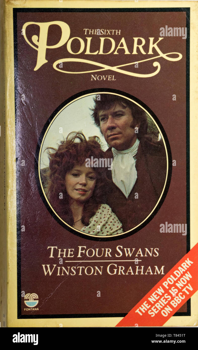 The Poldark novel by Winston Graham 'The Four Swans' with Robin Ellis as Ross Poldark and Angharad Rees as Demelza Poldark on the front cover. Stock Photo