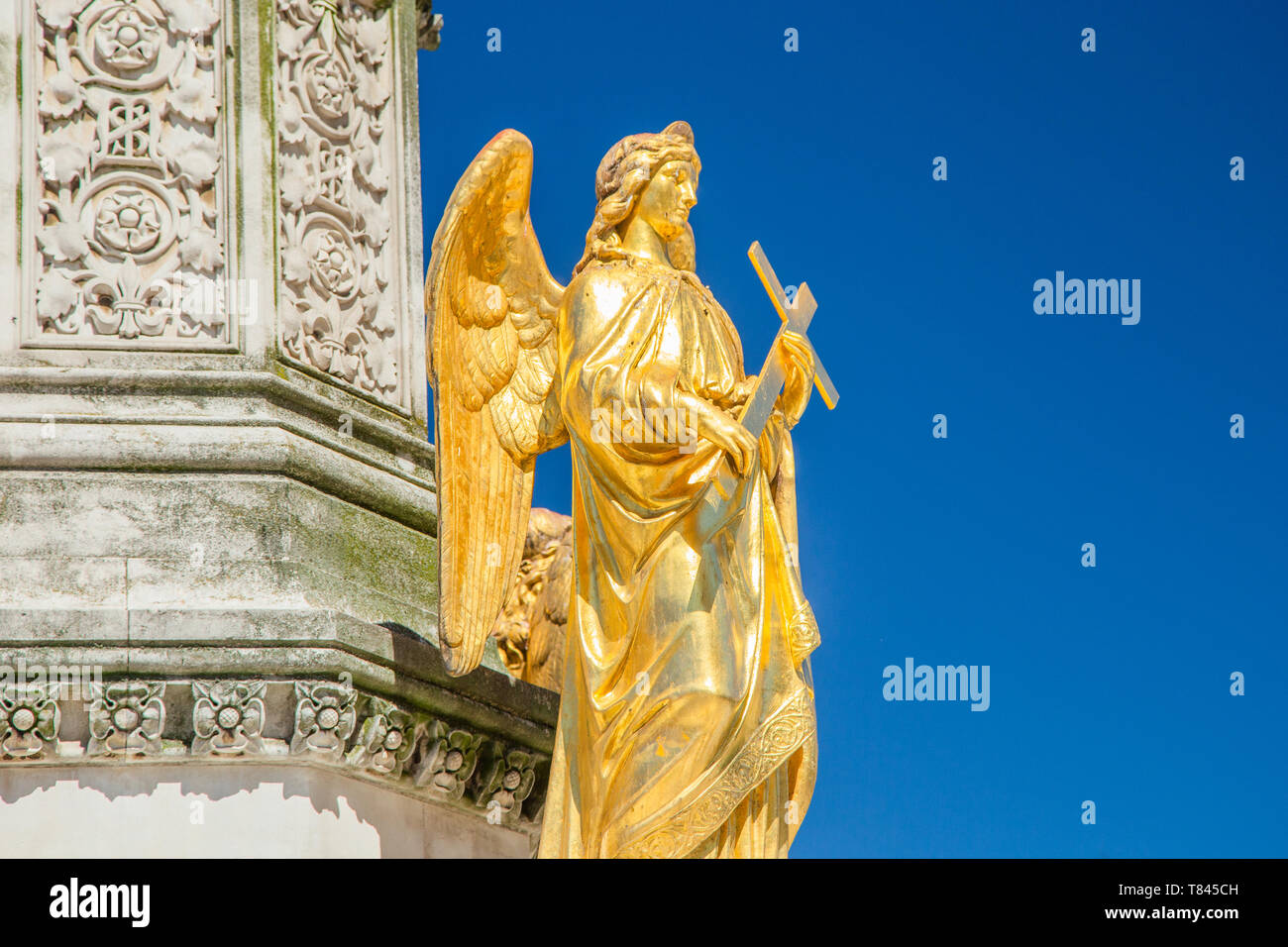 Mary column with golden angels statues in front of cathedral in Zagreb, Croatia, blue sky Stock Photo
