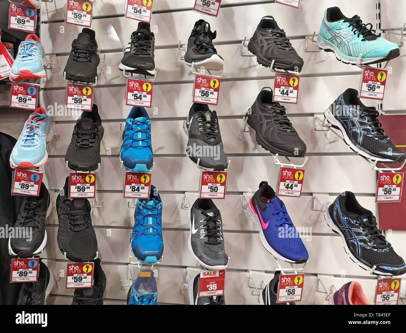 Running trainers on display at Sports Direct in Stratford upon Avon,  Warwickshire, UK, on May 9, 2019 Stock Photo - Alamy