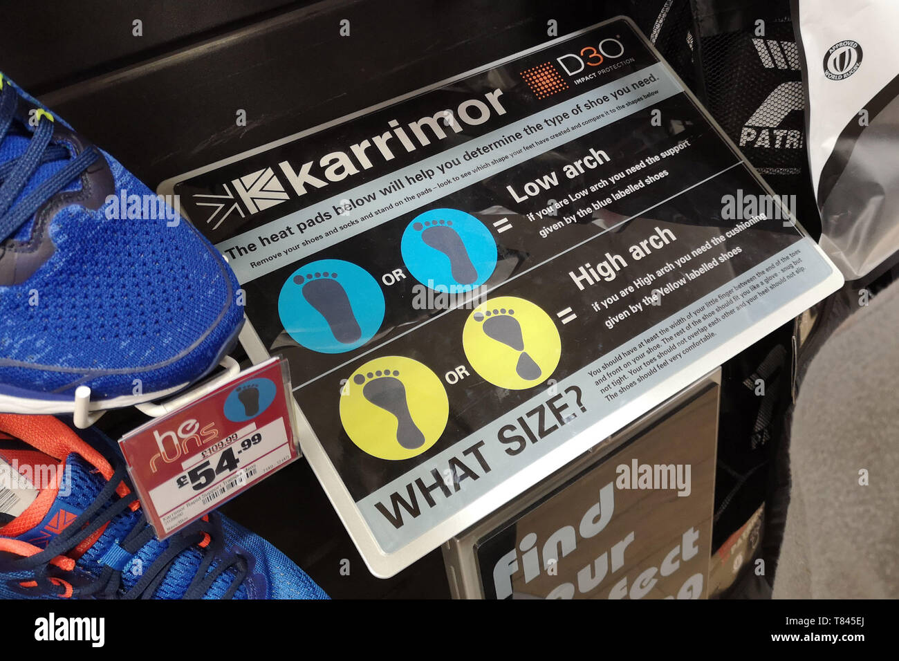 Karrimor what size foot guide at Sports Direct in Stratford upon Avon, Warwickshire, UK, on May 9, 2019. Stock Photo