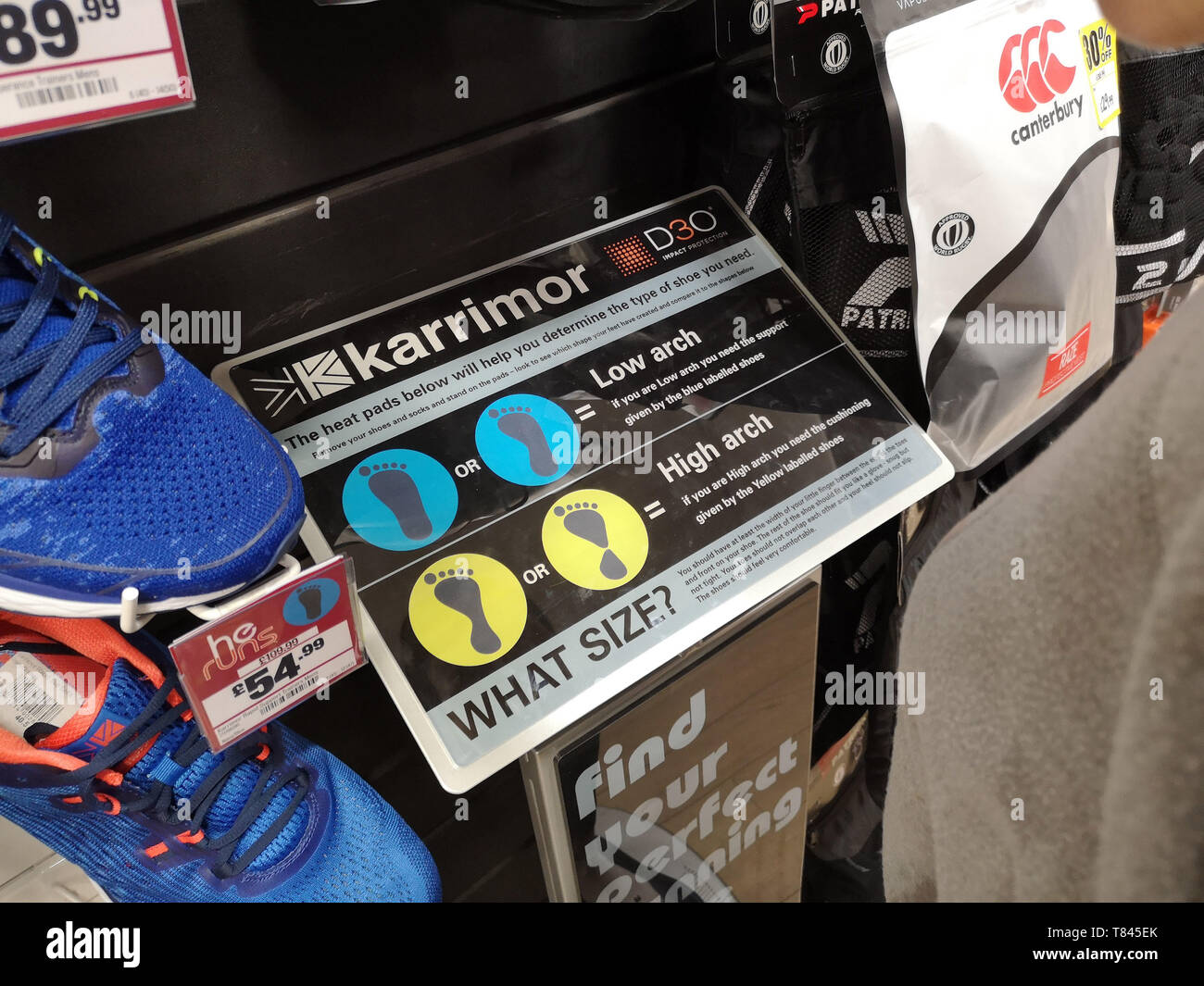 Karrimor what size foot guide at Sports Direct in Stratford upon Avon, Warwickshire, UK, on May 9, 2019. Stock Photo