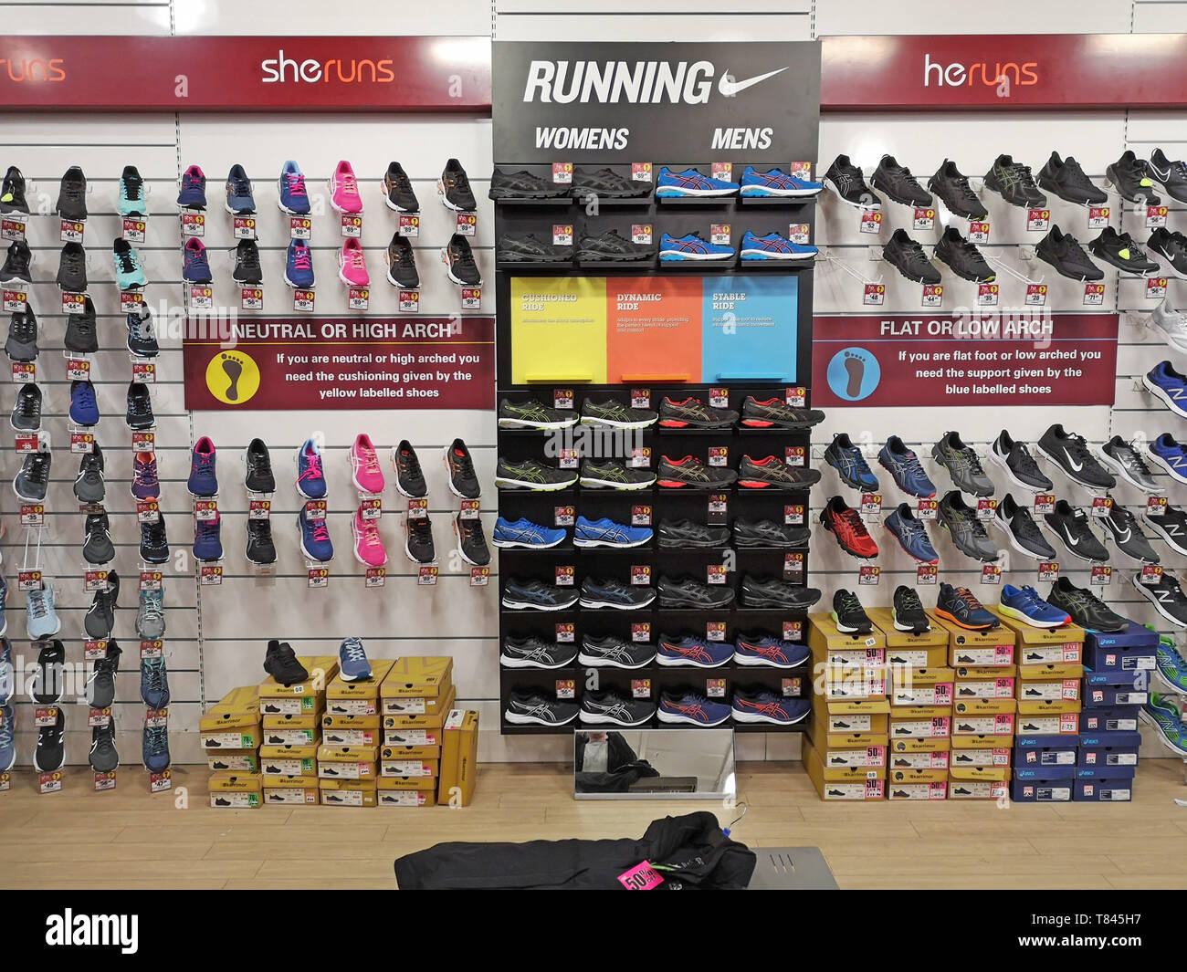 Running trainers on display at Sports Direct in Stratford upon Avon,  Warwickshire, UK, on May 9, 2019 Stock Photo - Alamy
