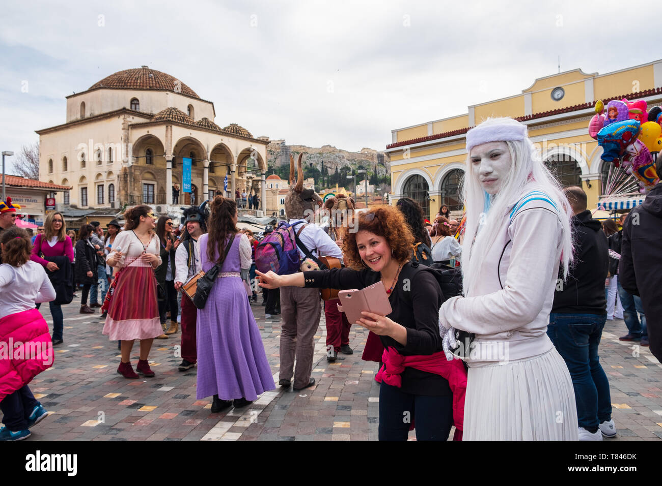 Athens, Greece - March 9, 2019: Greeks celebrating carnival at Monastiraki square in Athens Stock Photo