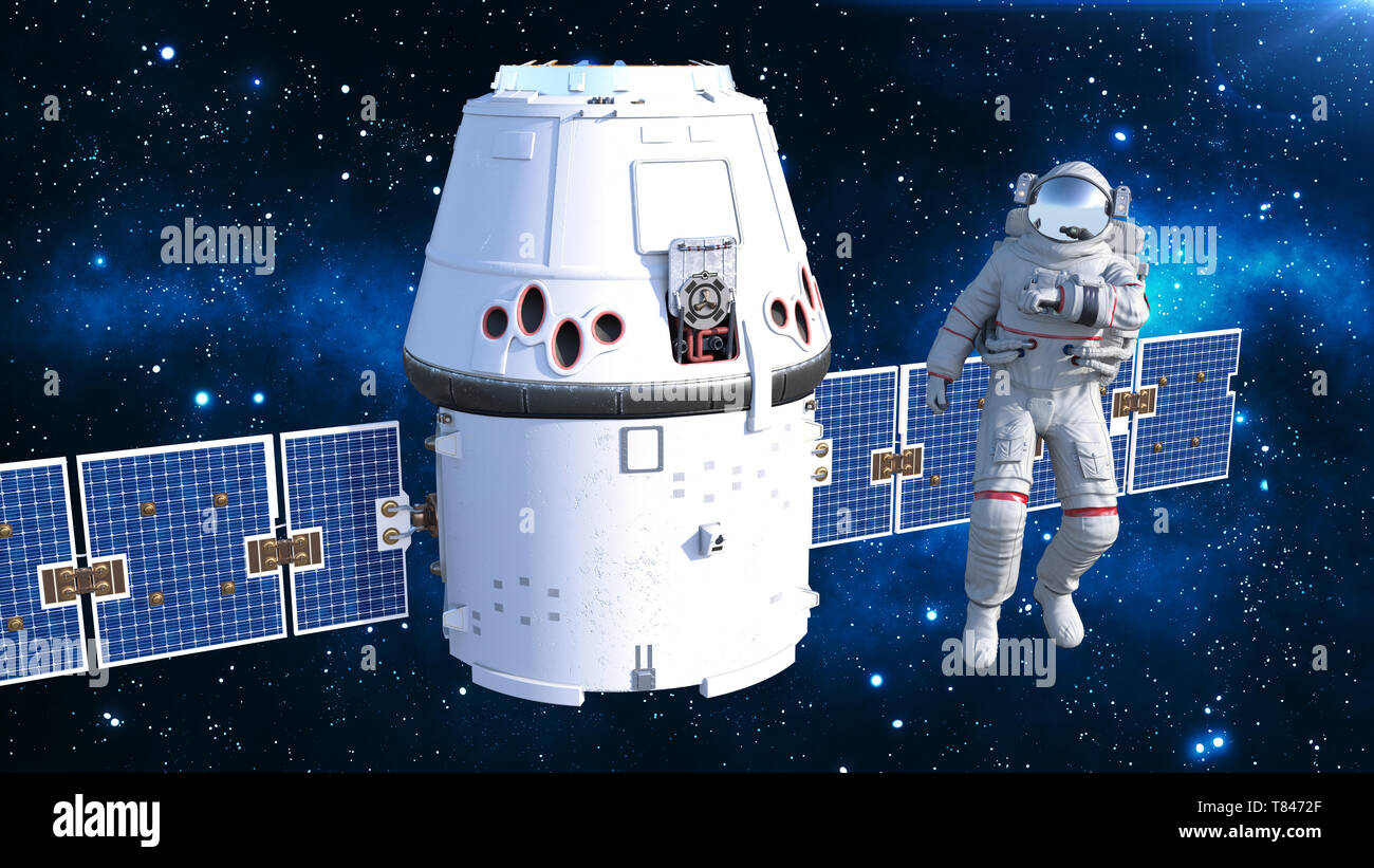 Astronaut with satellite checking air, cosmonaut in spacesuit floating in space with spacecraft in the background, 3D rendering Stock Photo