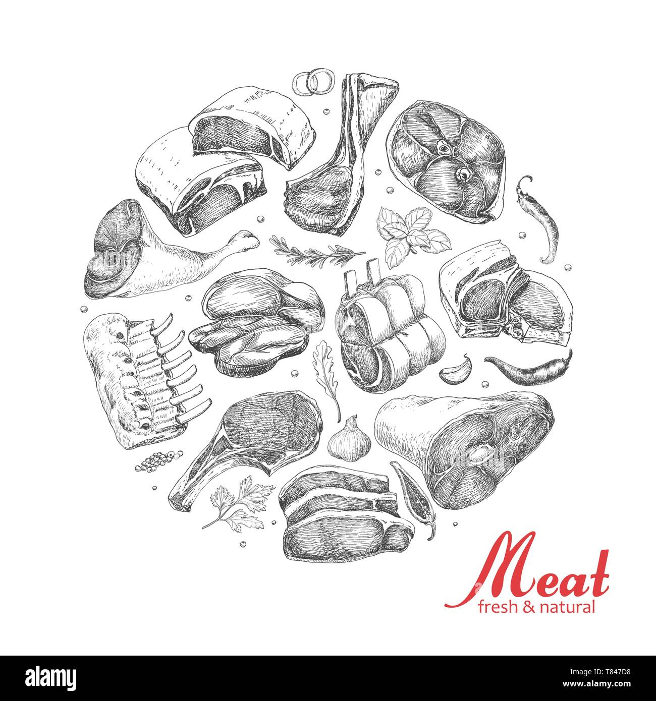 Vector background with meat products arranged in a circle. Vector