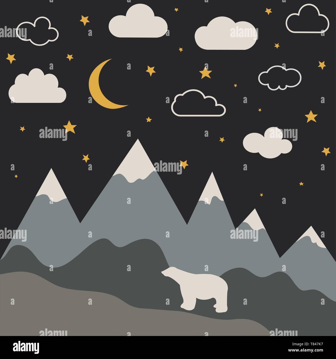 Night mountain landscape with new moon and stars. Baby room wallpaper Stock Vector