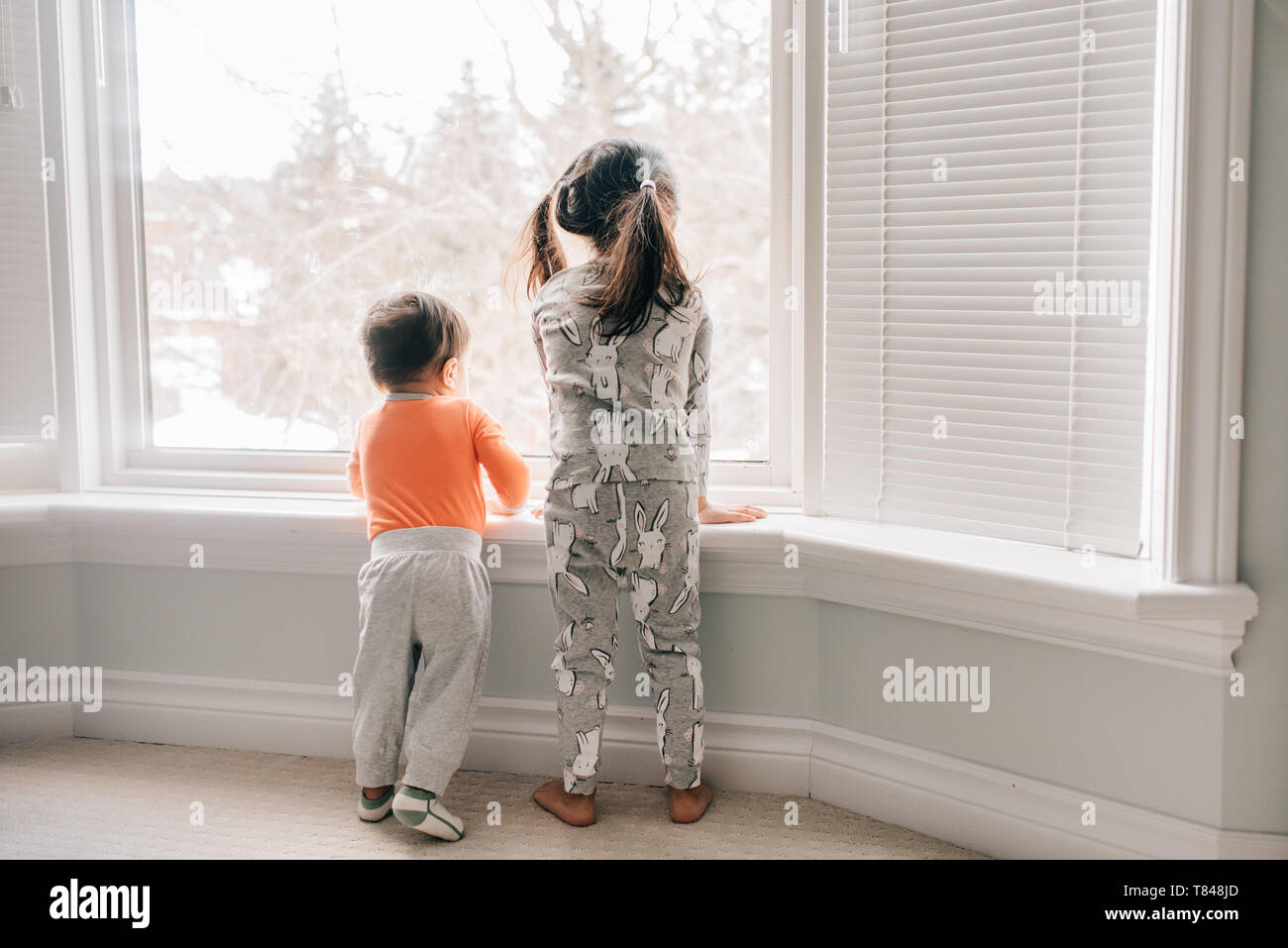 Girl and baby brother looking through living room window, rear view Stock Photo