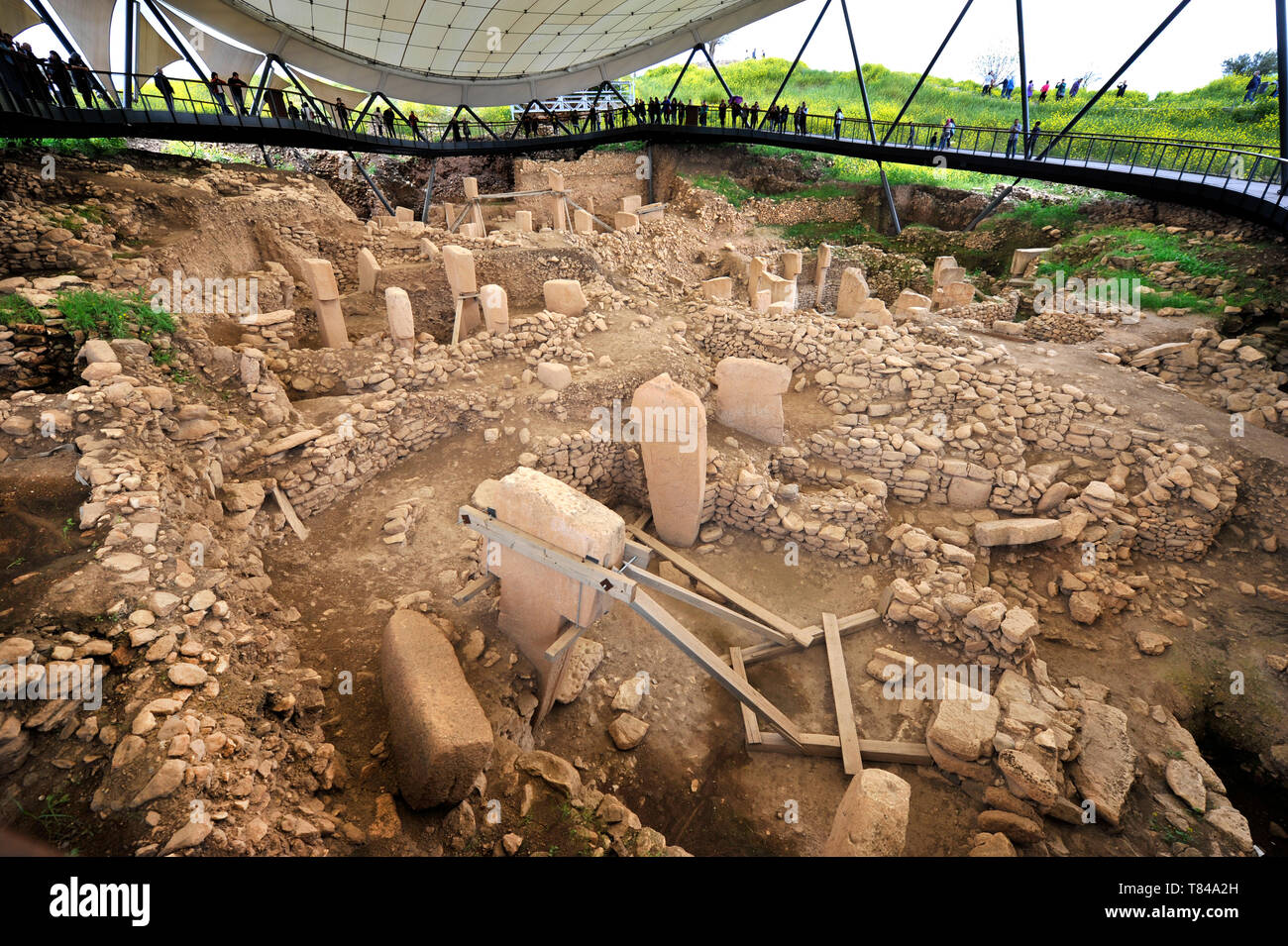 Visitors have view of excavation of ancient archaeological site at Gobekli Tepe in Sanliurfa, Turkey Stock Photo