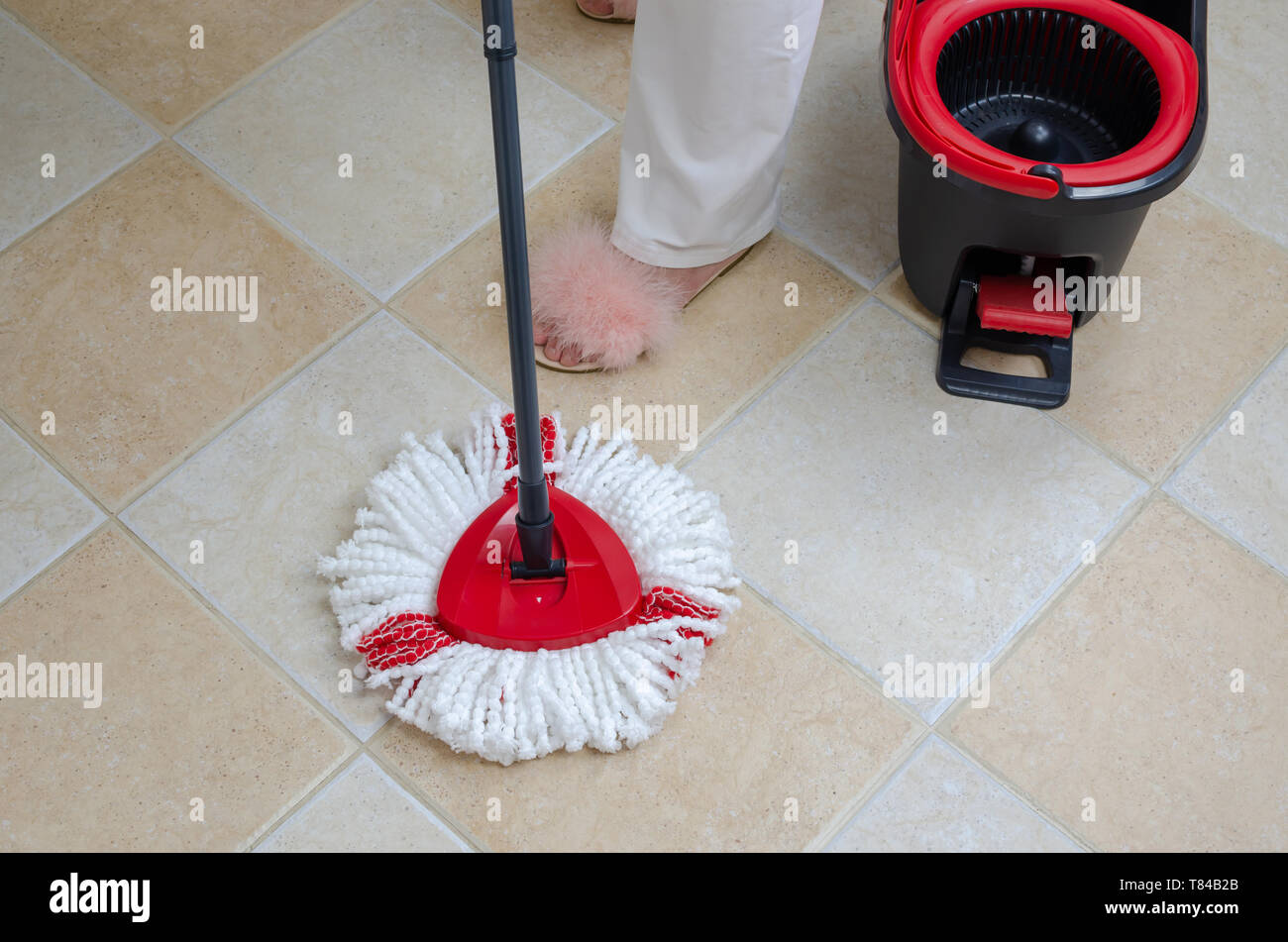 Mopping bucket with hairy mop, a bucket with a mop and a mop