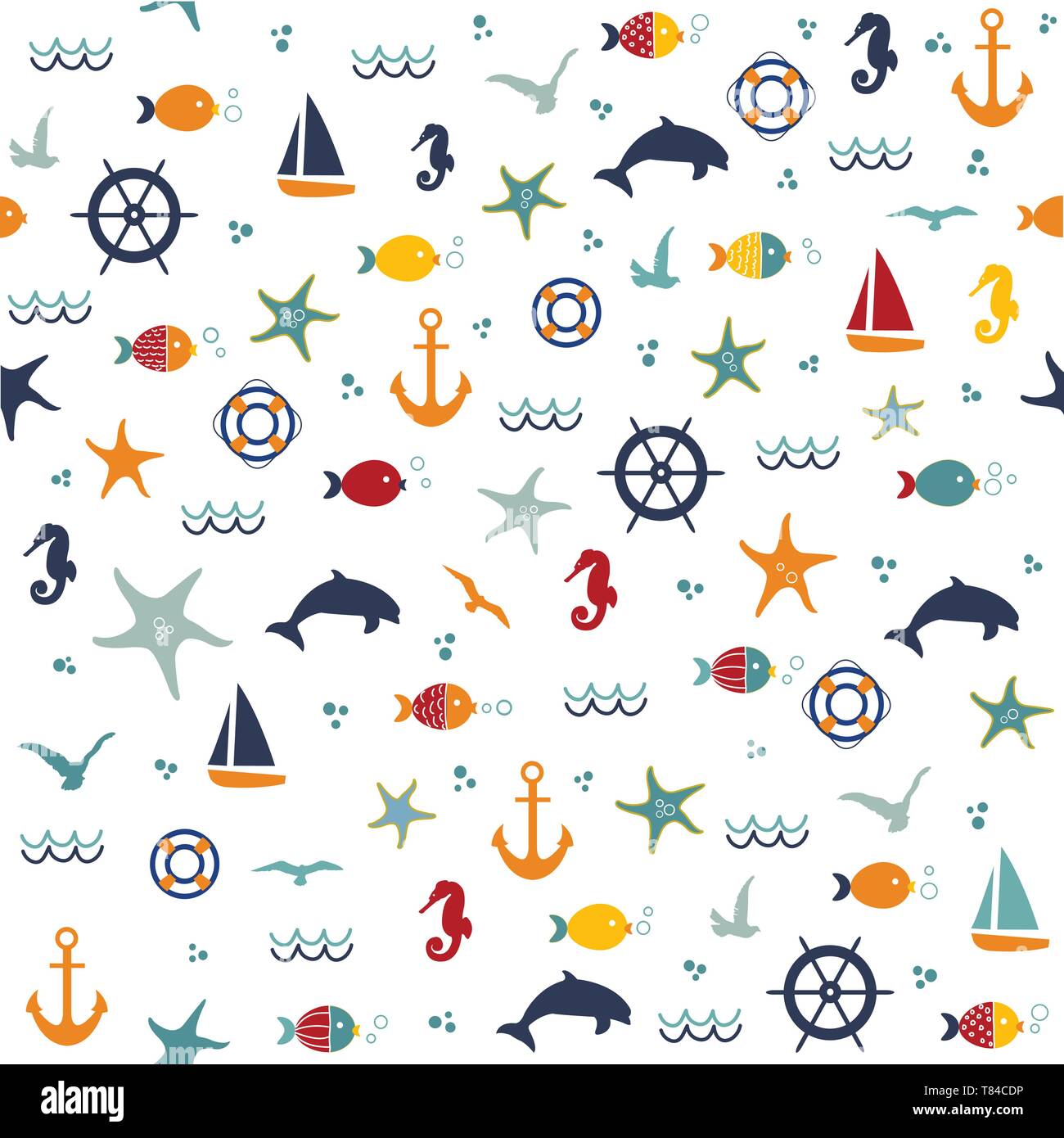 Seamless pattern with hand drawn seashells and starfishes Stock Vector