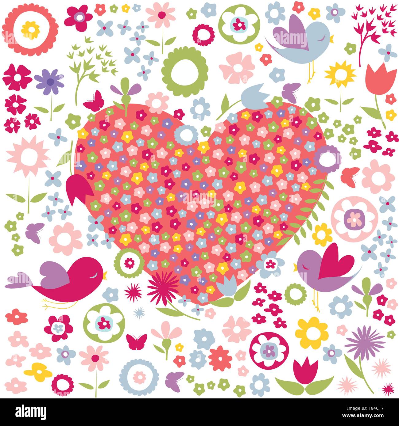 Floral, flowers red heart postcard Stock Vector