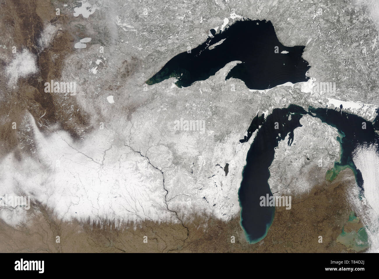 Early snowfall across the midwestern states and the Great Lakes. Stock Photo
