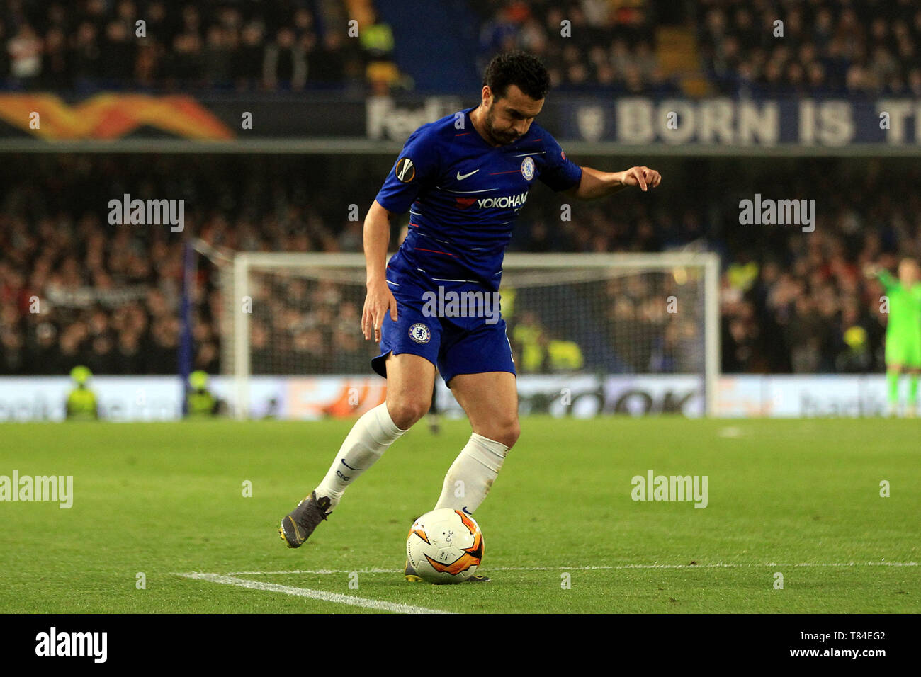 London, UK. 9th May 2019. Pedro of Chelsea in action. UEFA Europa league match, semi- final, 2nd leg match , Chelsea v Eintracht Frankfurt at Stamford Bridge in London on Thursday 9th May 2019.  this image may only be used for Editorial purposes. Editorial use only, license required for commercial use. No use in betting, games or a single club/league/player publications . pic by Steffan Bowen Credit: Andrew Orchard sports photography/Alamy Live News Stock Photo