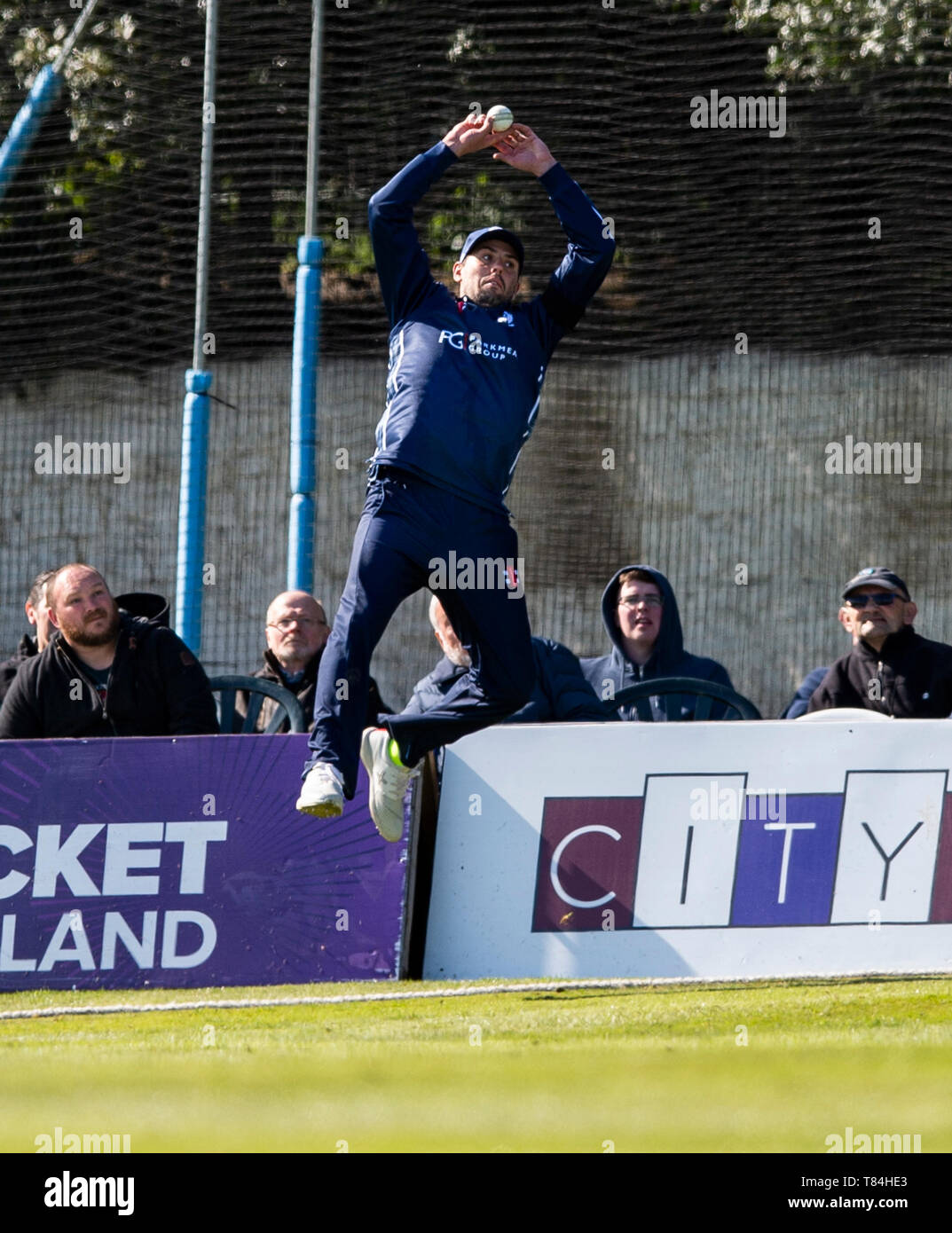 The Grange, Edinburgh, Midlothian, UK. 10th May 2019. Scotland v Afghanistan ODI. Pic shows: Almost a brilliant catch on the boundary by Scotland's Calum MacLeod, during the second innings as Scotland take on Afghanistan in a One Day International at the Grange, Edinburgh Credit: Ian Jacobs/Alamy Live News Stock Photo