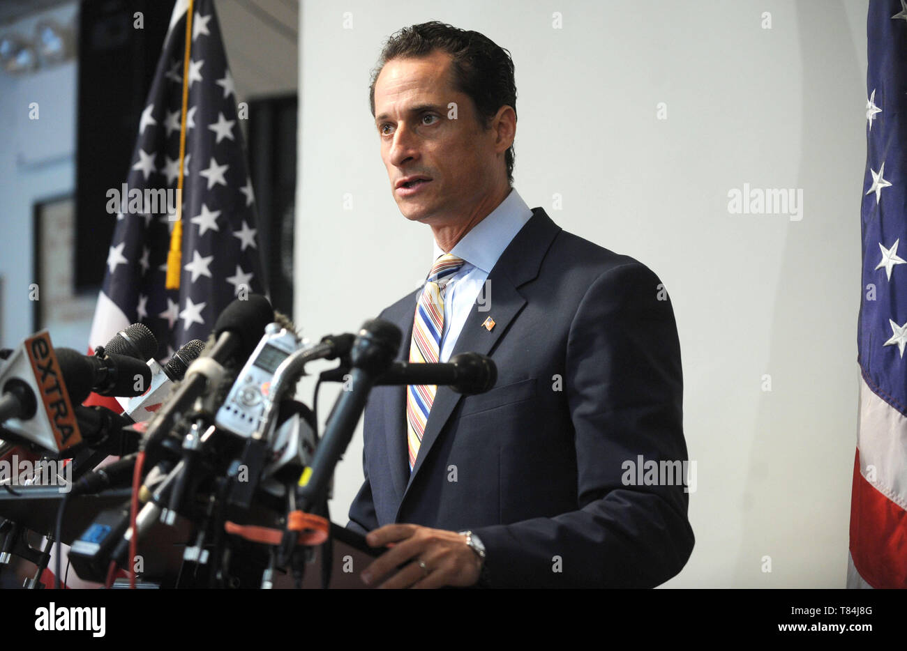 NEW YORK, NY - JUNE 16:  Anthony Weiner speaks to the media during a news conference .  Seared by scandal, New York Rep. Anthony Weiner announced his resignation from Congress on Thursday, done in by lewd photos he took of himself, sent to women online and then adamantly lied about after being caught.  'I'm here today to again apologize for the personal mistakes I have made and the embarrassment I have caused,' he said reading from a brief statement in Brooklyn. on June 16, 2011 in New York City.  People:  Anthony Weiner Stock Photo