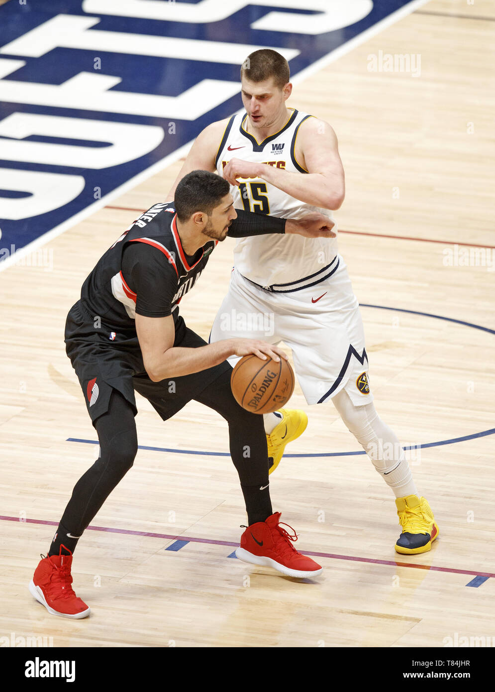 Denver, Colorado, USA. 7th May, 2019. Nuggets NIKOLA JOKIC, right, defends against Trail Blazers ENES KANTER, left, during the 1st. Half at the Pepsi Center Tues. night. The Nuggets beat the Trail Blazers 124-98. Credit: Hector Acevedo/ZUMA Wire/Alamy Live News Stock Photo