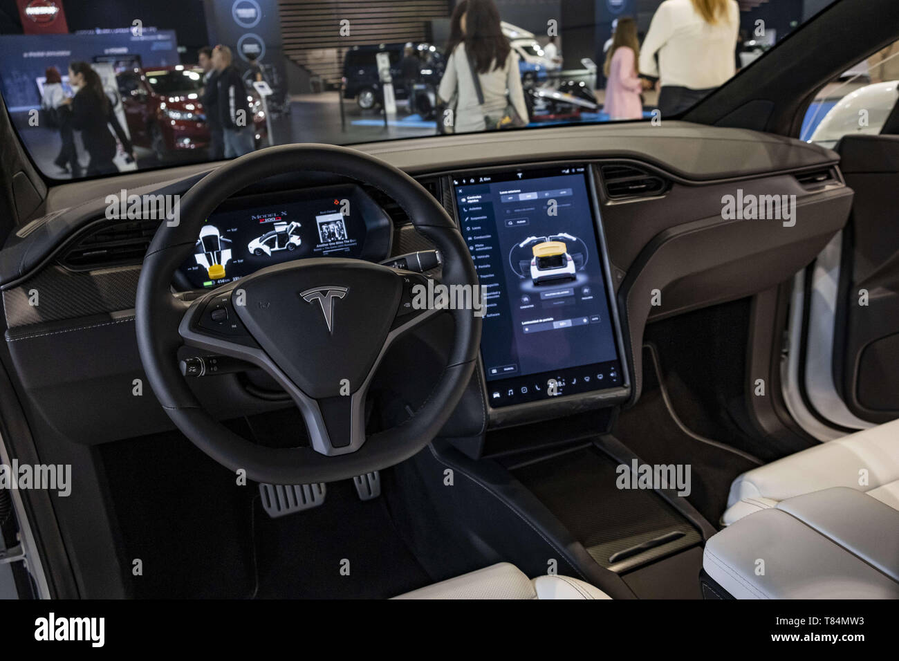 May 10, 2019 - Barcelona, Catalonia, Spain - Interior of the model X vehicle of the car manufacturer Tesla seen during the event..The Automobile Barcelona trade fair celebrates 100 years. The event takes place from 9 to 19 May at the MontjuÃ¯c fairgrounds. With more than 150,000 square meters and 45 brands, the fair shows the latest vehicle models as well as the latest technologies applied to driving. (Credit Image: © Paco Freire/SOPA Images via ZUMA Wire) Stock Photo