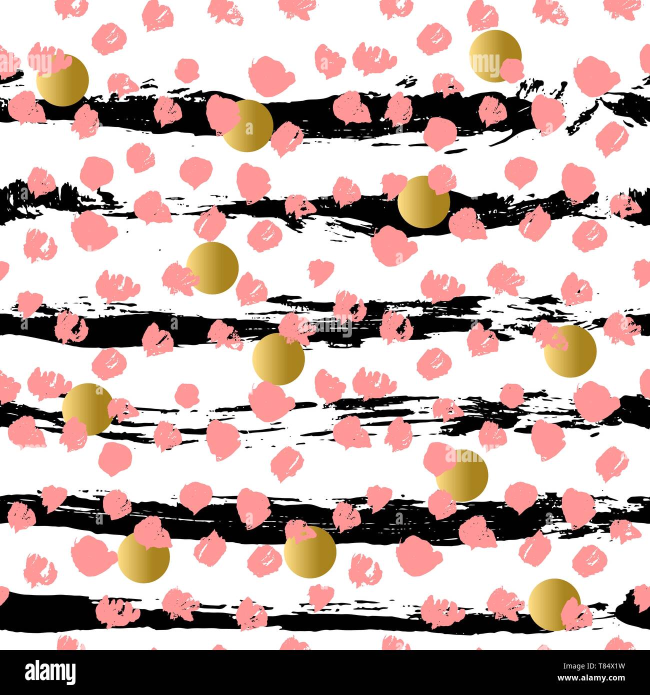 Ink vector brush strokes seamless pattern. Pink, golden and black vector illustration. Grunge texture. Stock Vector