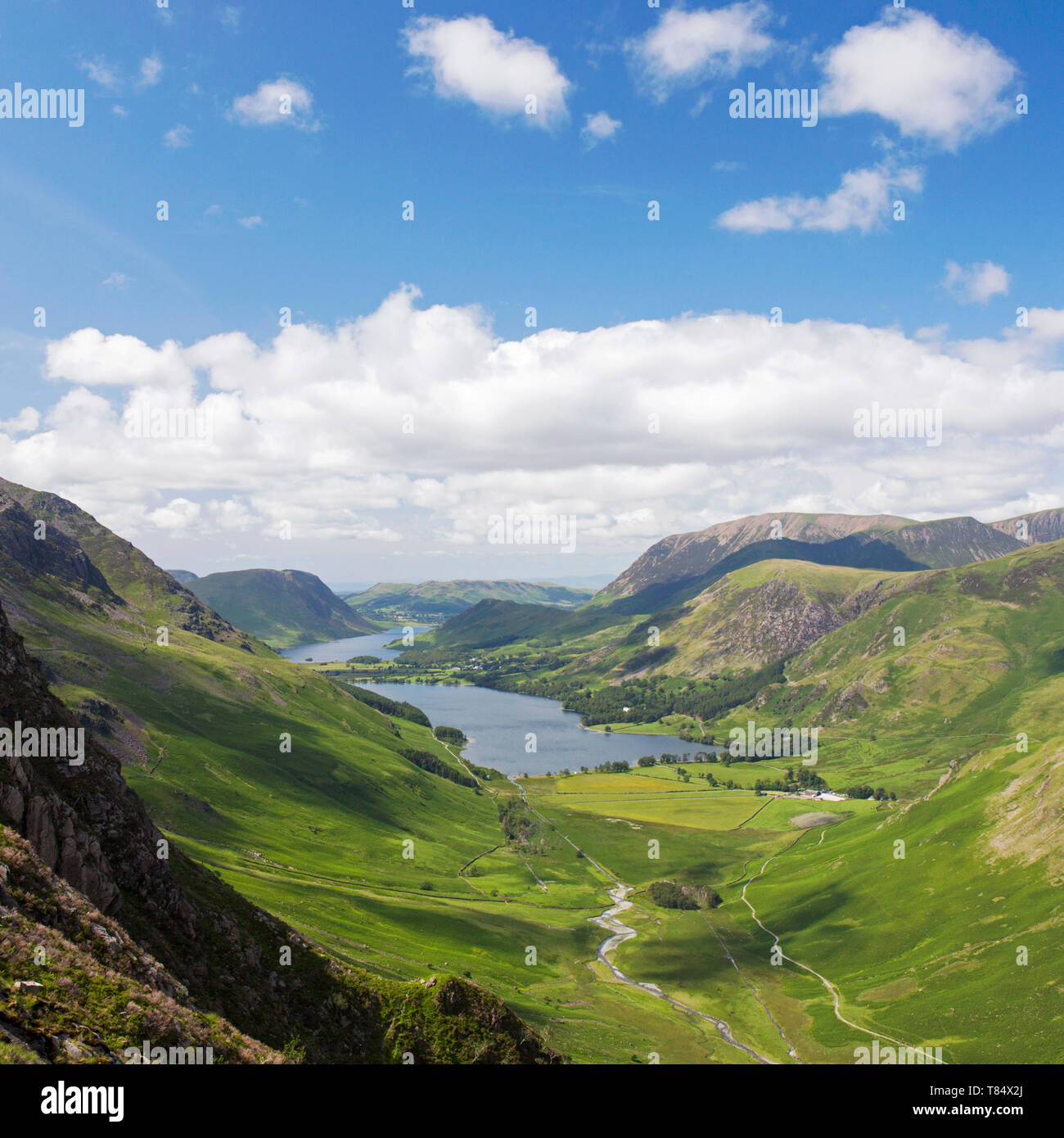 Lake District National Park, Cumbria, England. View over Warnscale Bottom, Buttermere and distant Crummock Water from the eastern slopes of Haystacks. Stock Photo