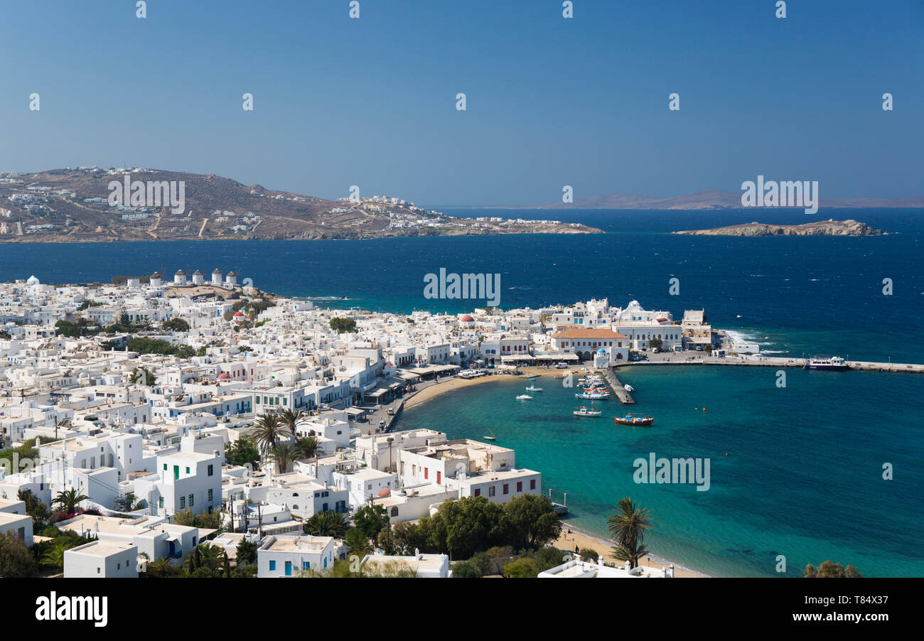 Mykonos Town, Mykonos, South Aegean, Greece. View over the town and ...