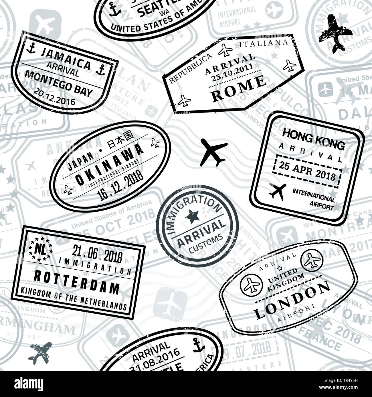 Passport stamps vector seamless pattern travel stamp theme