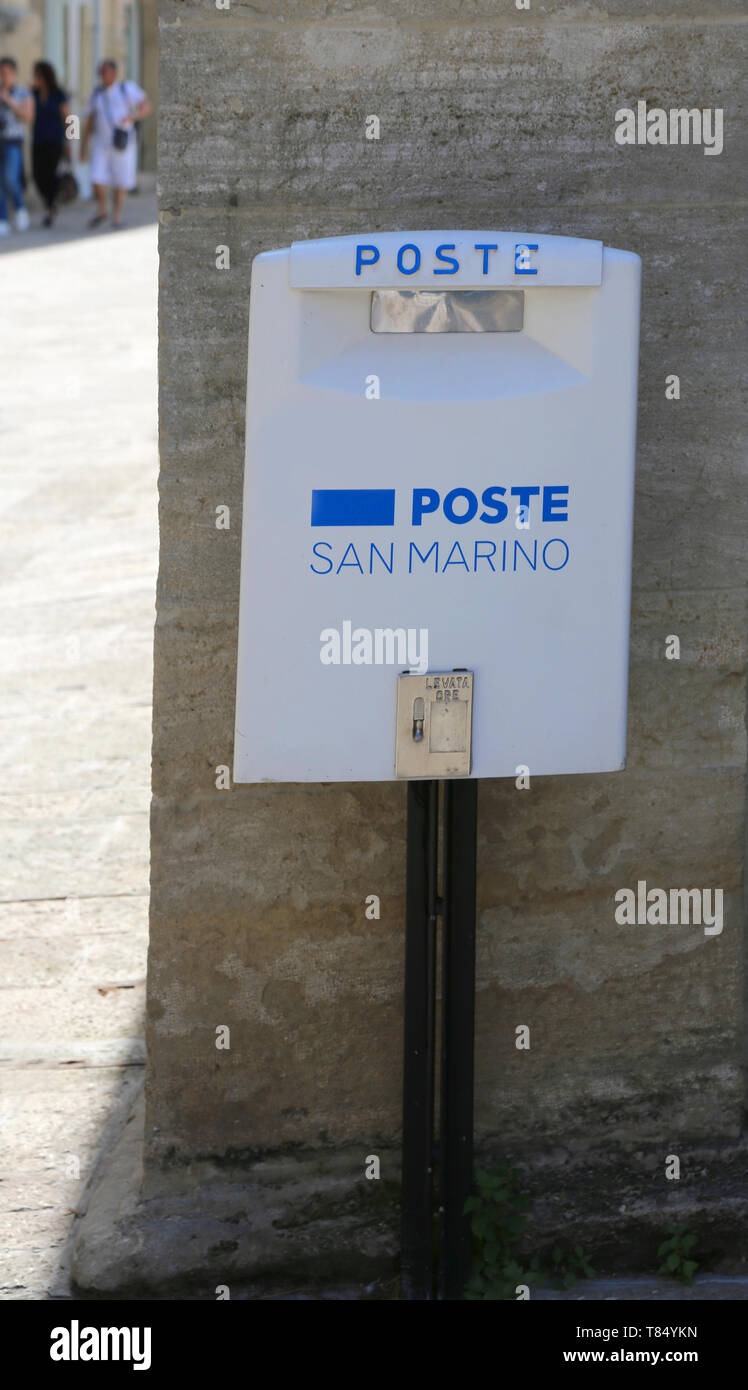 San Marino, SM, San Marino - June 4, 2016: white mail box with text POSTE that means POSTAL Service in Italian Language Stock Photo