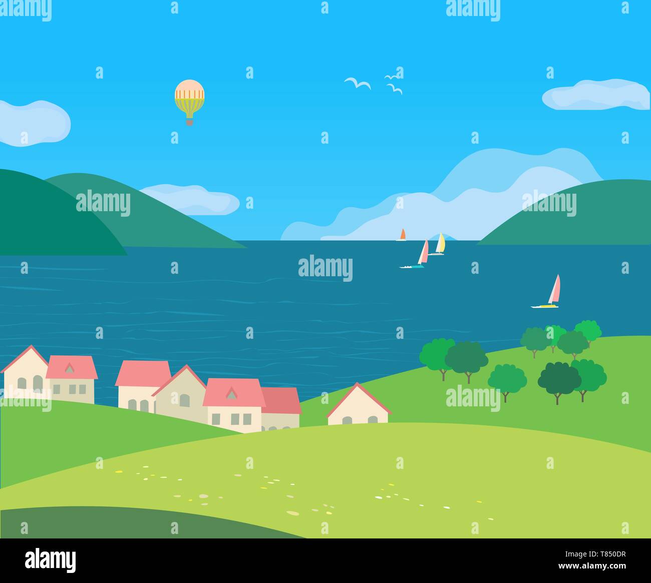 Landscape with village rural houses on seaside cartoon Stock Vector