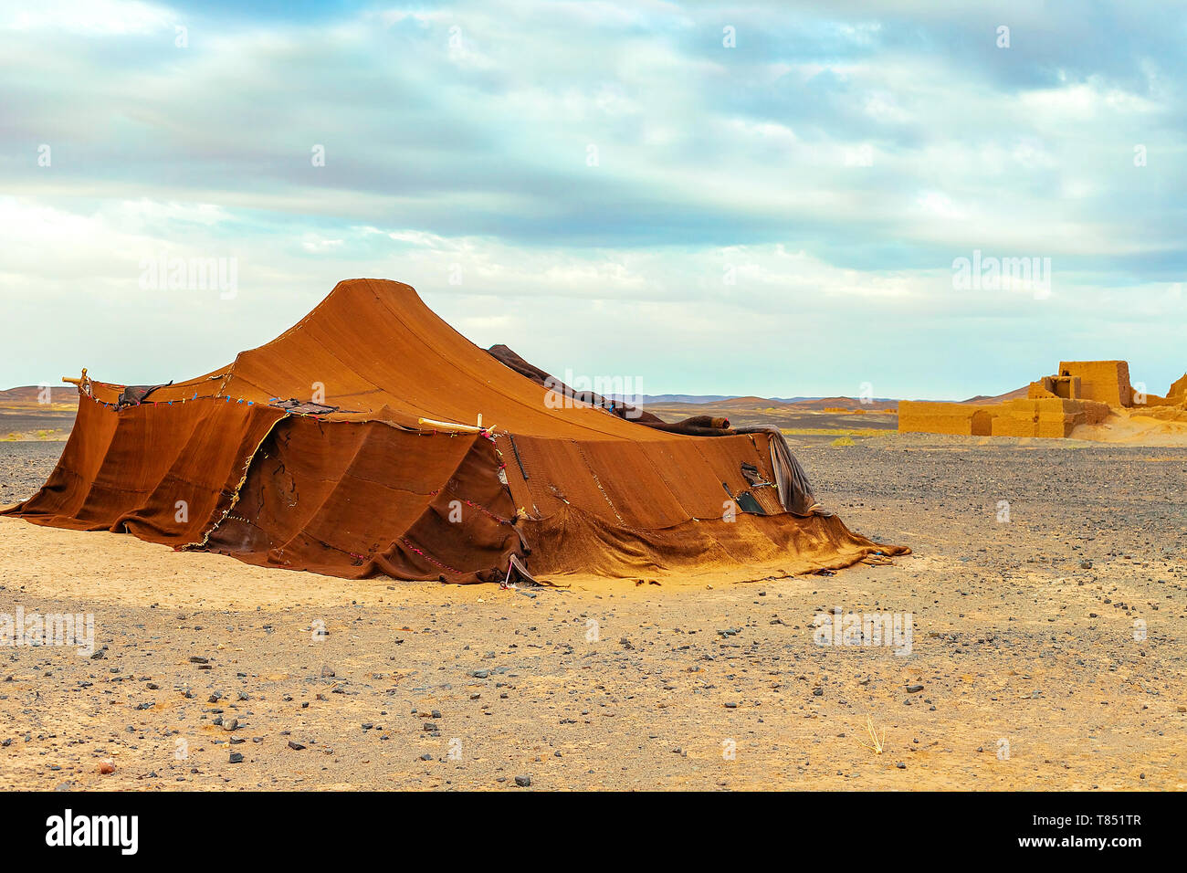 Bedouin tent in the Sahara Desert, Morocco. Bedouin dwelling Stock Photo