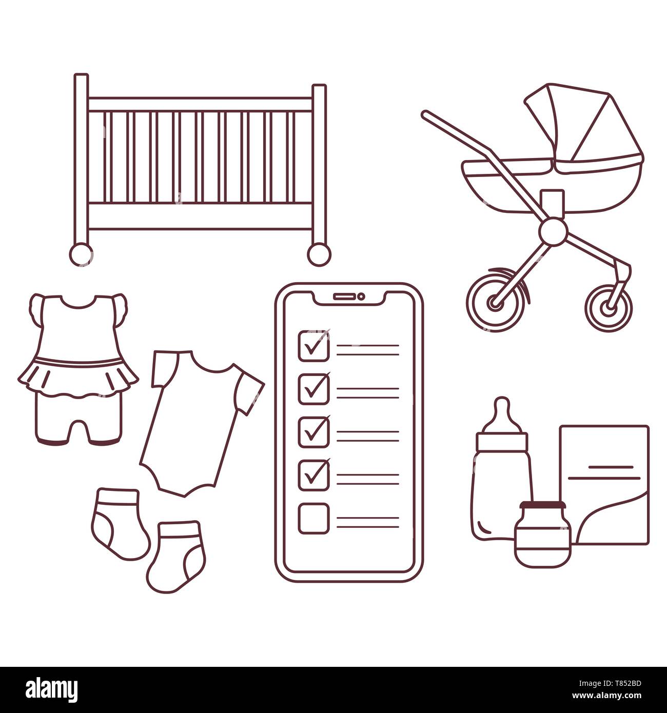 Vector illustration with smartphone with checklist, newborn baby accessories.  Pram, crib, bottle, baby food can, socks, bodysuits. Online shopping Stock  Vector Image & Art - Alamy