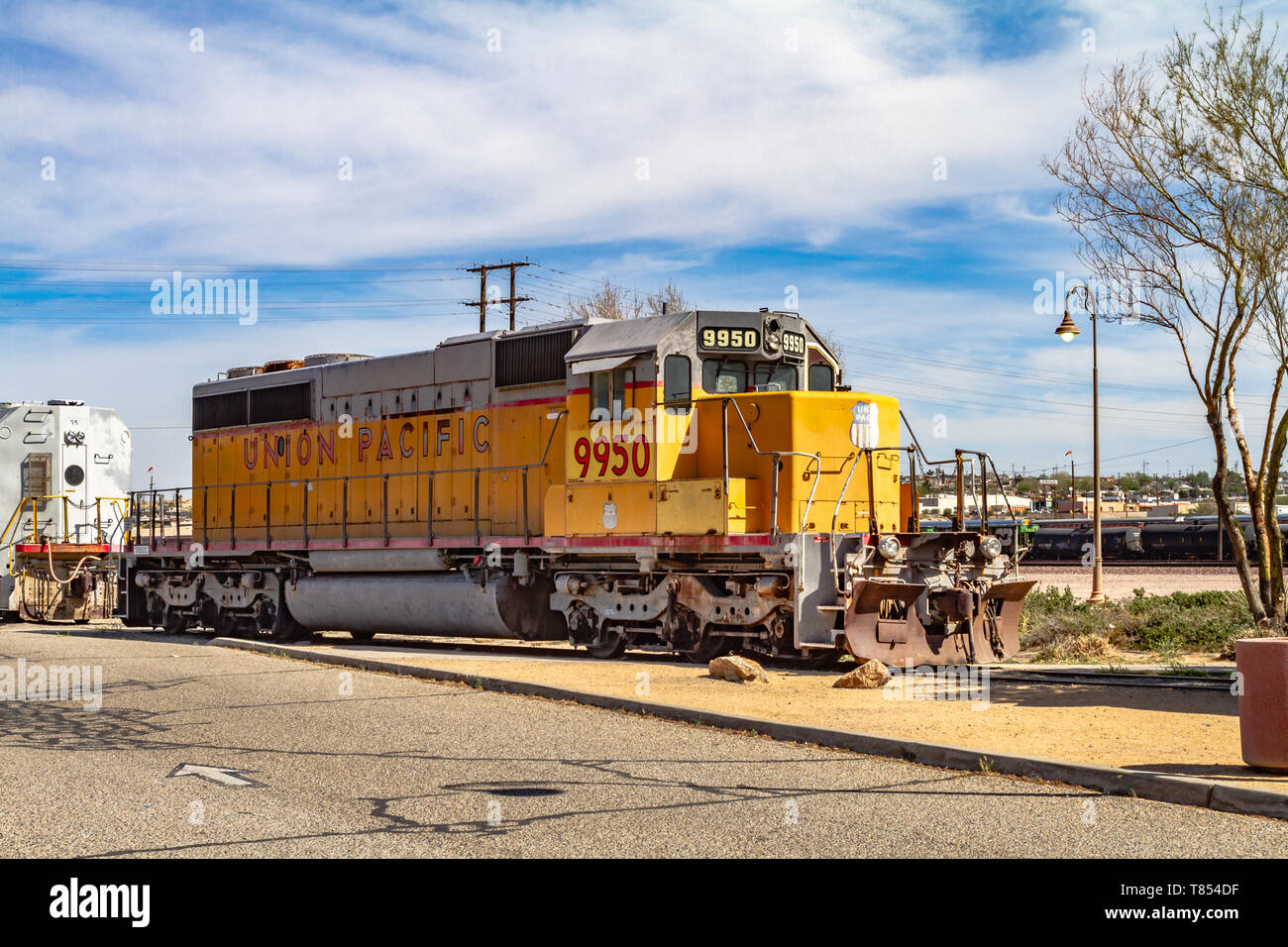 Barstow, CA / USA – April 14, 2019: Union Pacific railroad engine number 9950 at the Western America Railroad Museum located at the Barstow Harvey Hou Stock Photo