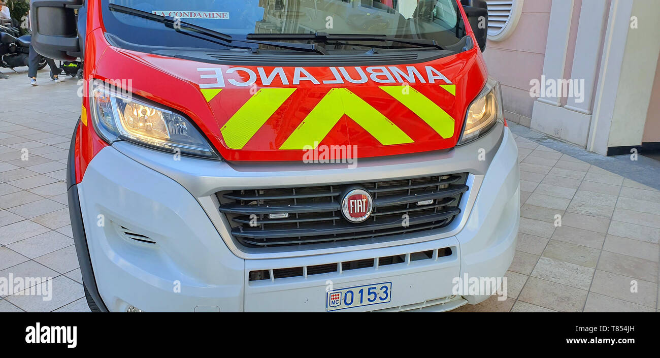 Monte-Carlo, Monaco - March 28,  French Fire Department Ambulance (Front View) Van Parked In The Street Of Monte-Carlo, French Riviera, France, Europe Stock Photo