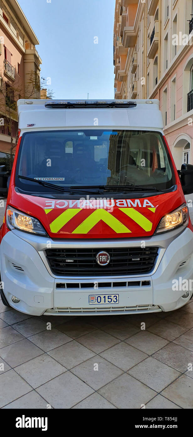 Monte-Carlo, Monaco - March 28,  French Red And White Fire Department Ambulance (Front View) Van Parked In The Street Of Monte-Carlo, French Riviera,  Stock Photo