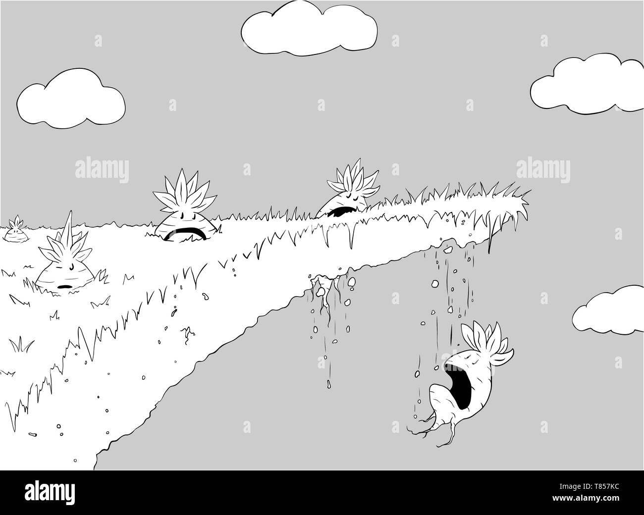 Vegetables dropping through cliff edge, funny cartoon line drawing, vector, horizontal Stock Vector