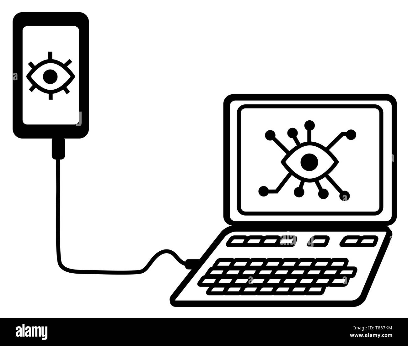 Device laptop connection surveillance spying eye symbol black and white, vector illustration, horizontal, isolated Stock Vector