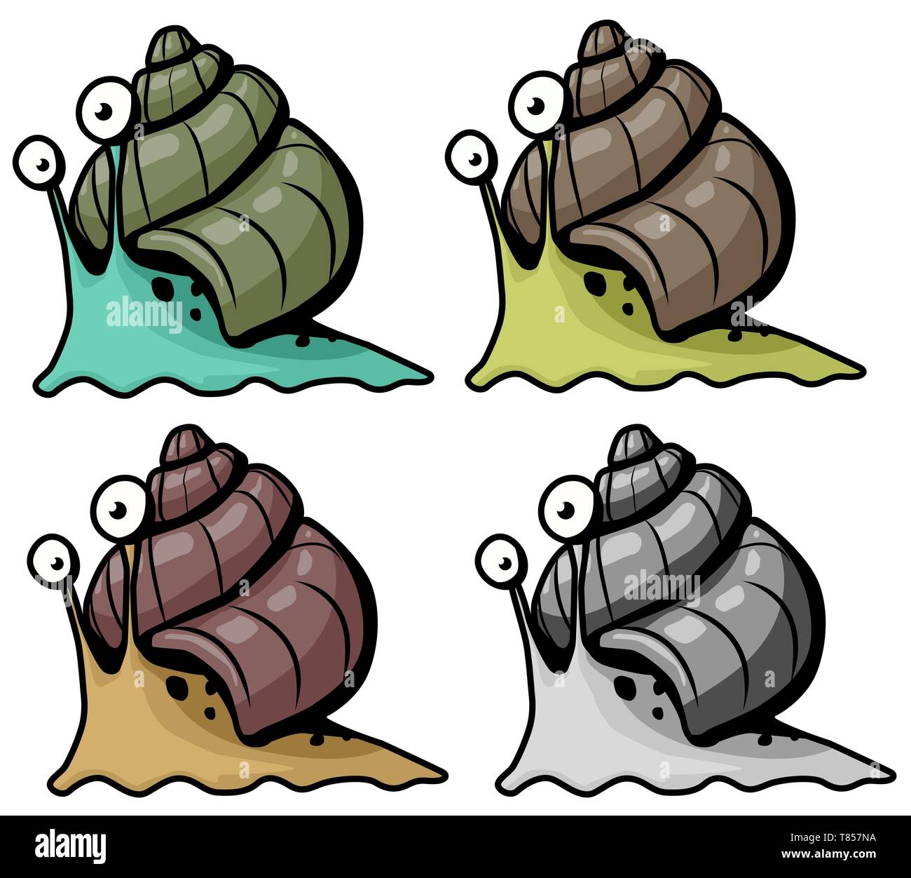Snail cartoon character color variants set vector illustration, horizontal, over white, isolated