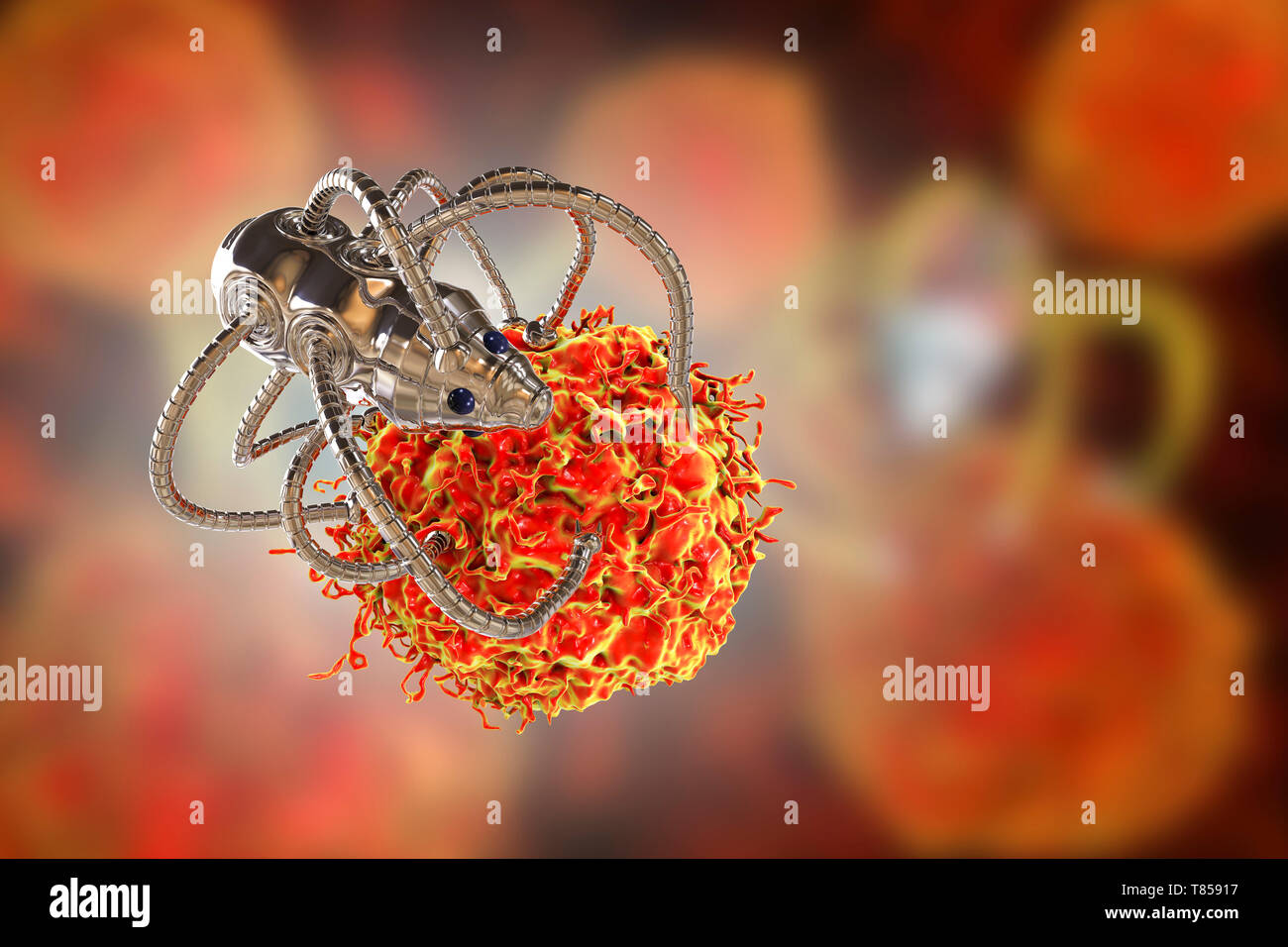 Nanorobots attacking cancer, illustration Stock Photo