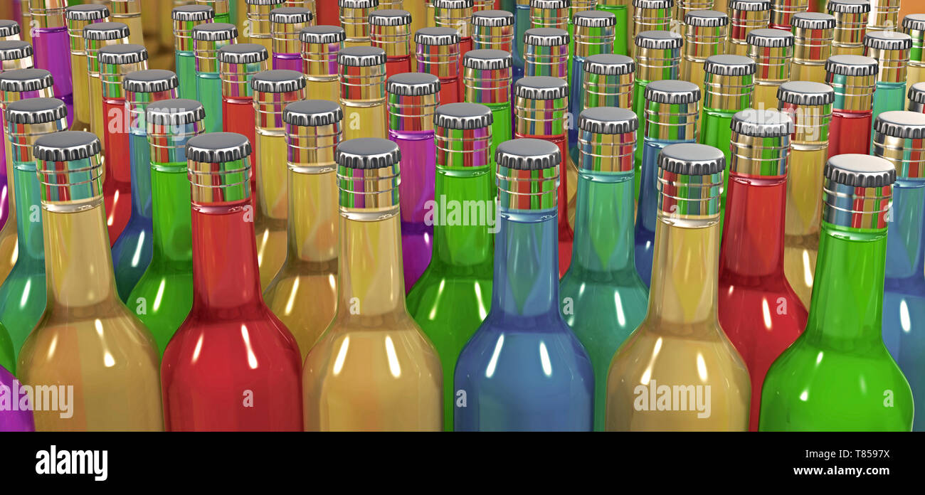 Filled glass bottles, illustration Stock Photo