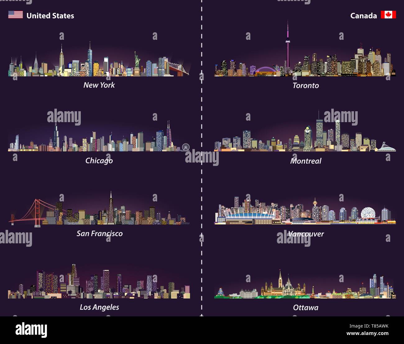 United States and Canadian city skylines at night vector set Stock Vector