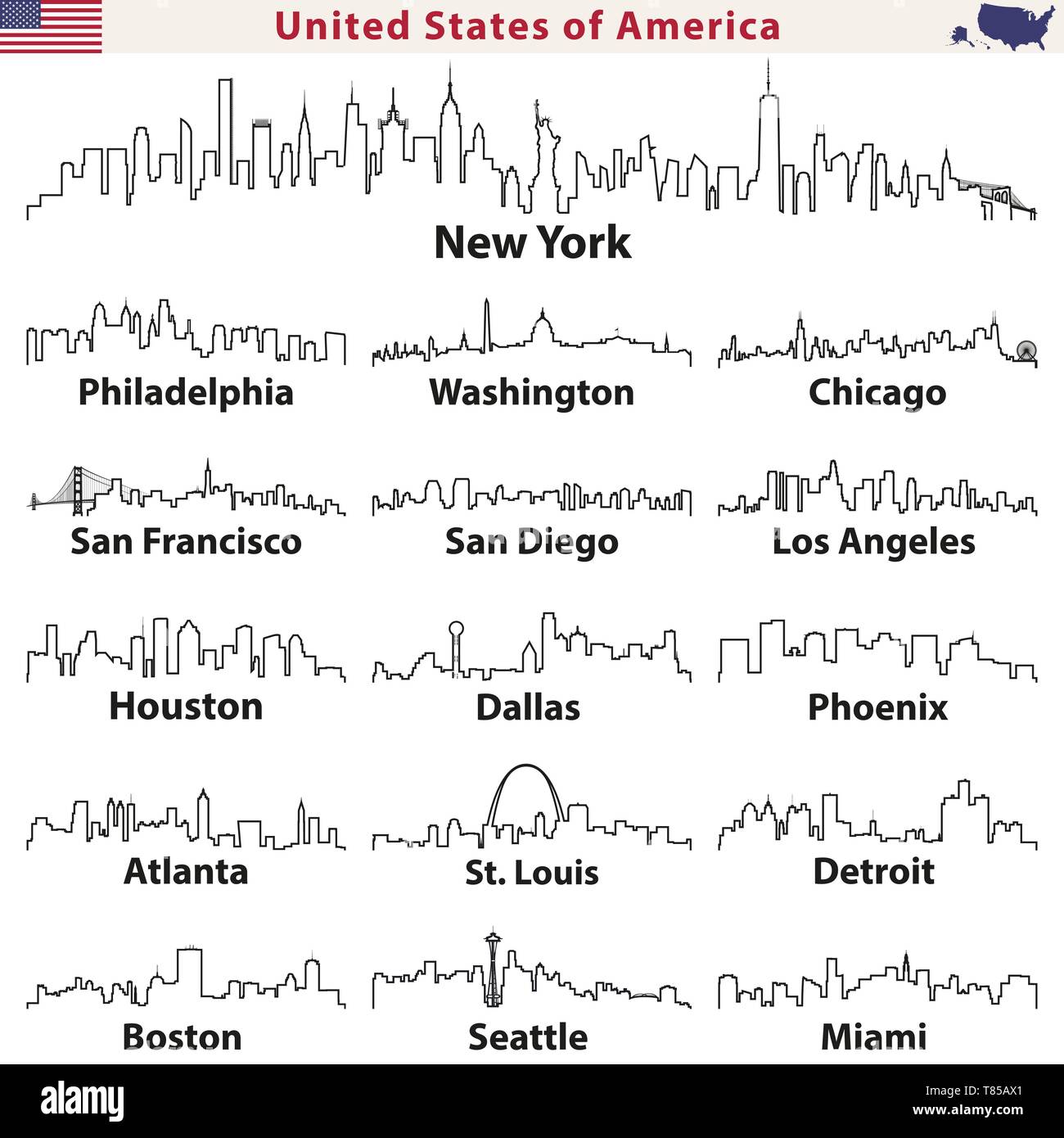 Vector Outlines Icons Of United States Cities Line Art Style Skylines