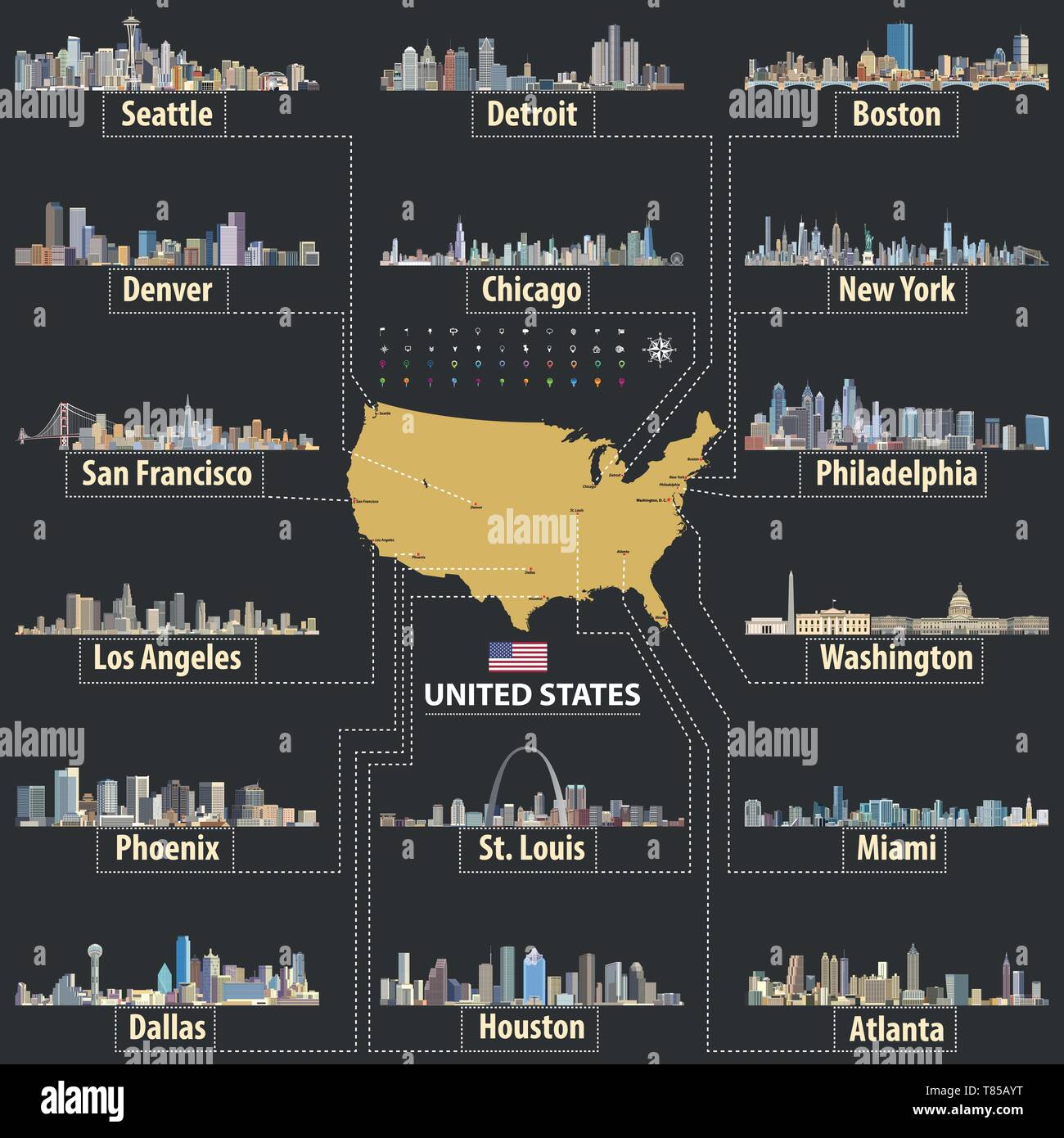 vector map of United States of America with largest cities' skylines Stock Vector