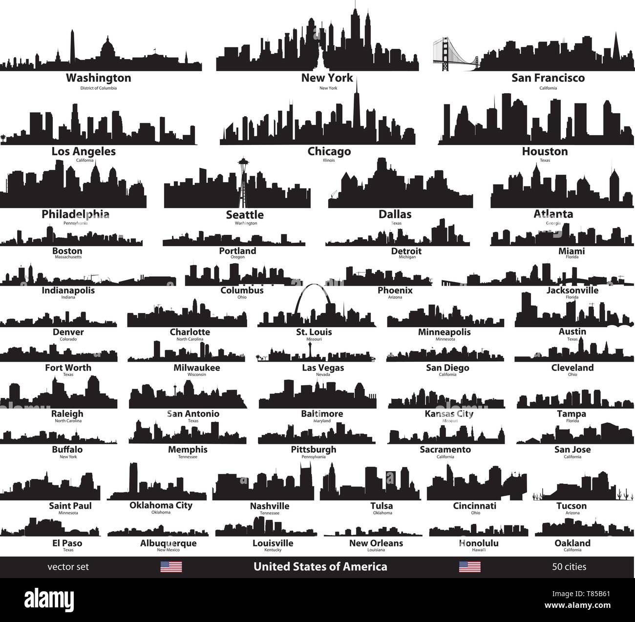 vector set of United States cities skylines silhouettes Stock Vector