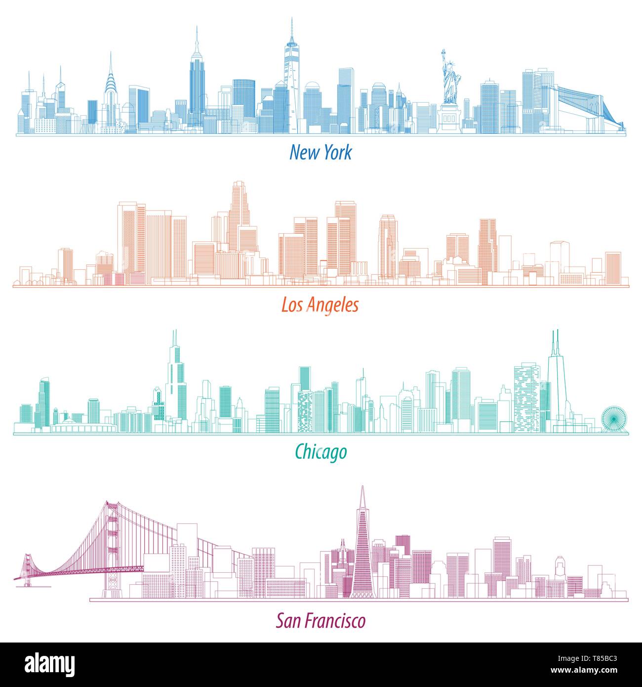 abstract illustrations of United States outlines city skylines Stock Vector