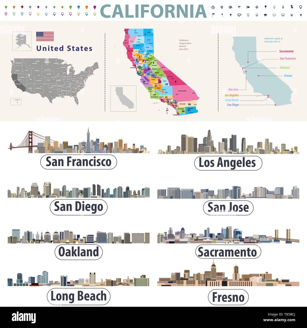 California's vector high detailed map showing counties formations. Skylines of major cities of California Stock Vector