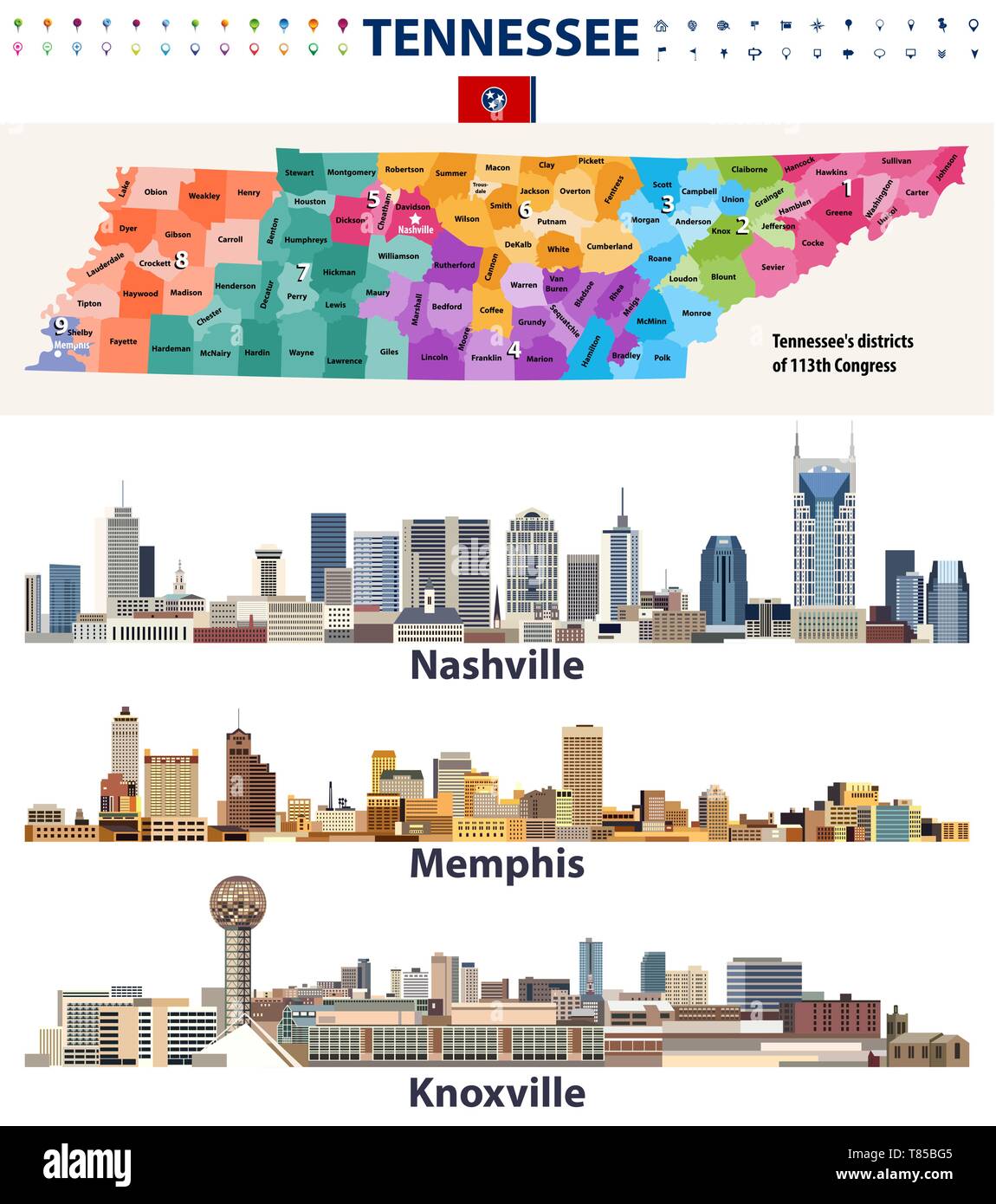 vector congressional districts map and major cities abstract skylines of Tennessee state Stock Vector