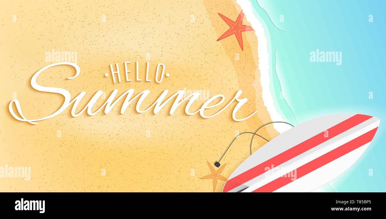 Hello summer web banner. Surfboard on the beach. Starfish and tide sea. Seasonal cover. Vector illustration. EPS 10. Stock Vector