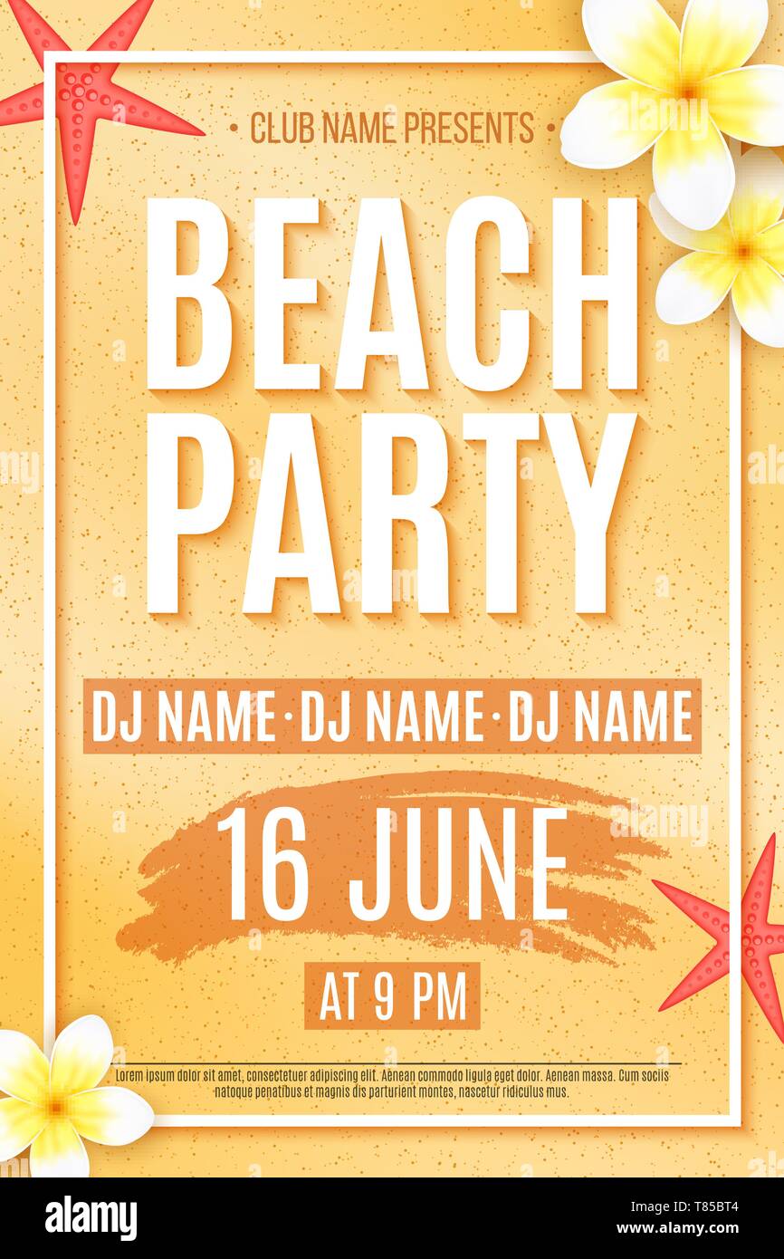 Poster for a Beach Party. Invitation flyer. Tropical plumeria flowers and starfish on beach sand