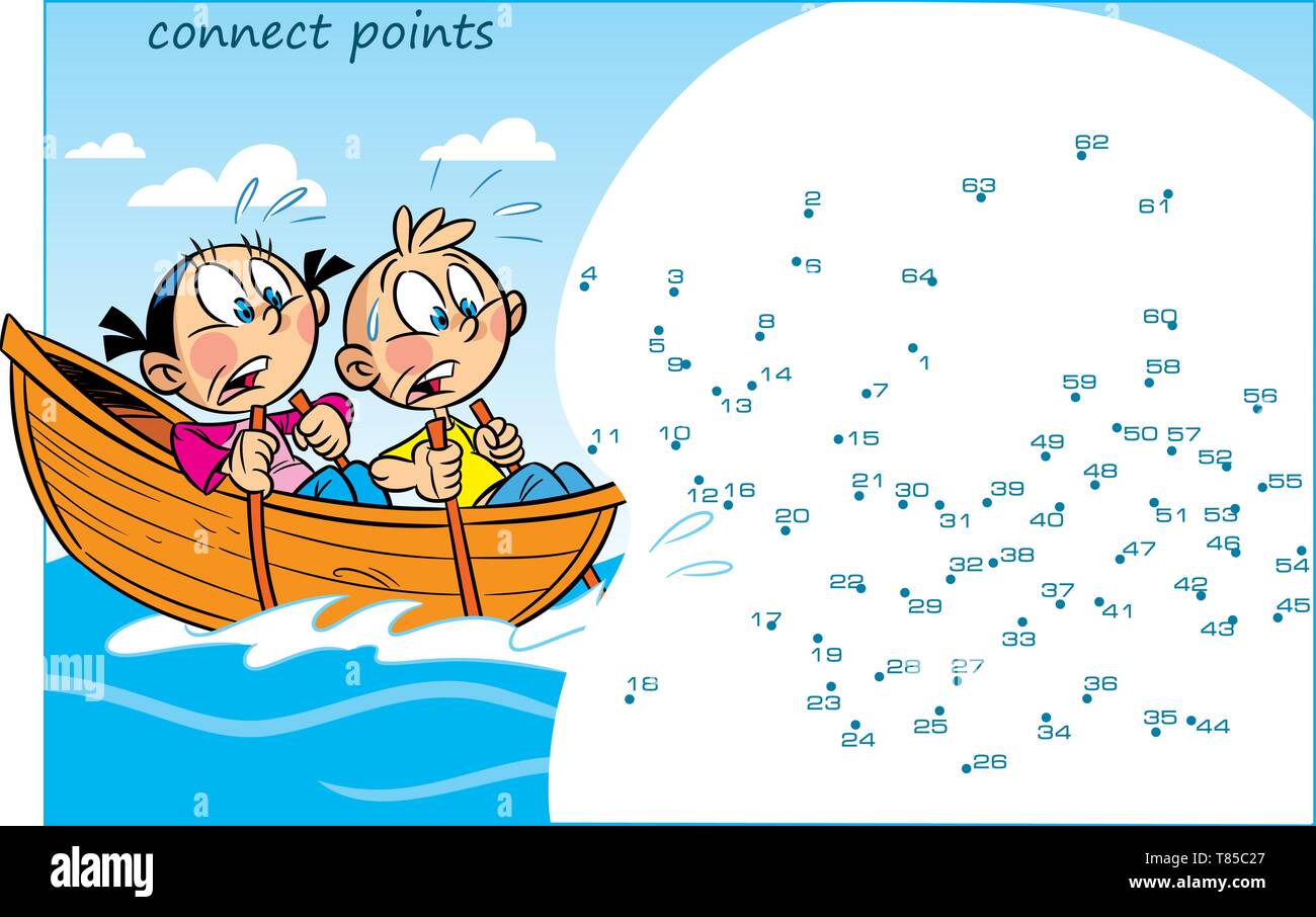 In vector illustration puzzle with cartoon children who are floating in a boat. The task is to connect the dots in order to find out who they have see Stock Vector