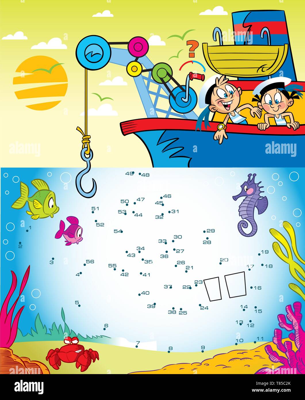 In the vector illustration puzzle with cartoon kids play sailors on the ship. Connect the dots to find out which object the children are lifting onto  Stock Vector