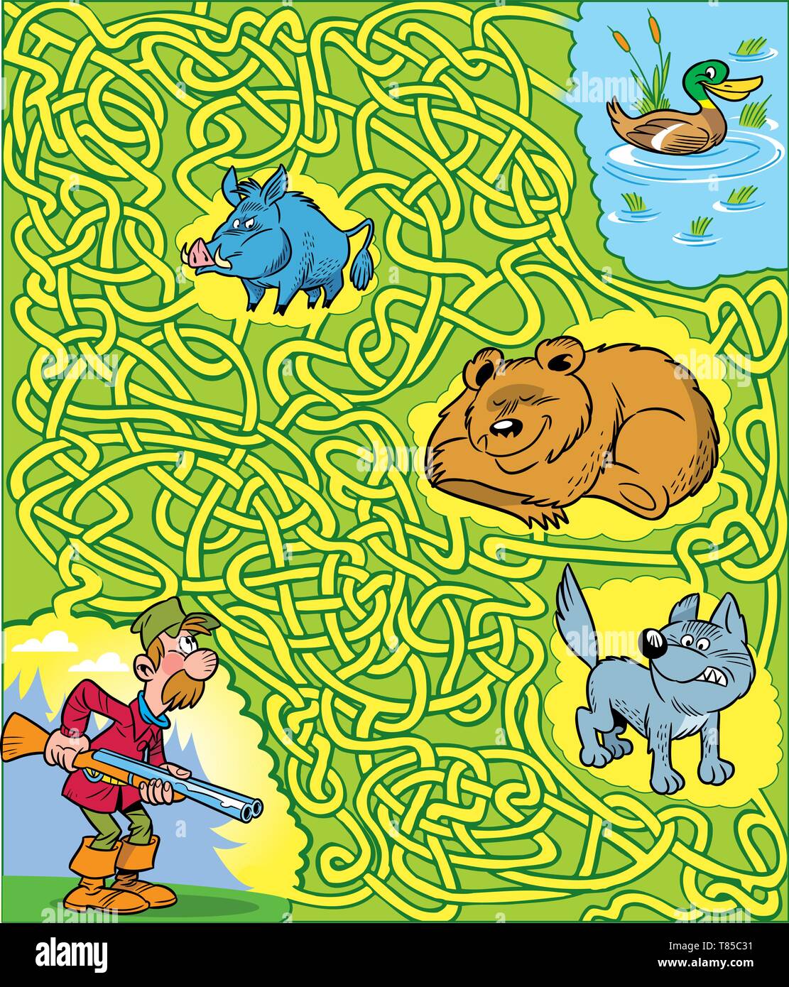 On vector illustration puzzle with a man hunter and animals. The task is to  find the way in the labyrinth and help the hunter to find the duck Stock  Vector Image &